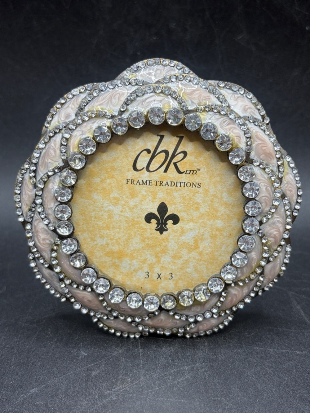 CBK Round Floral Form Bejeweled Crystal Swirled Enamel Picture Frame Decor